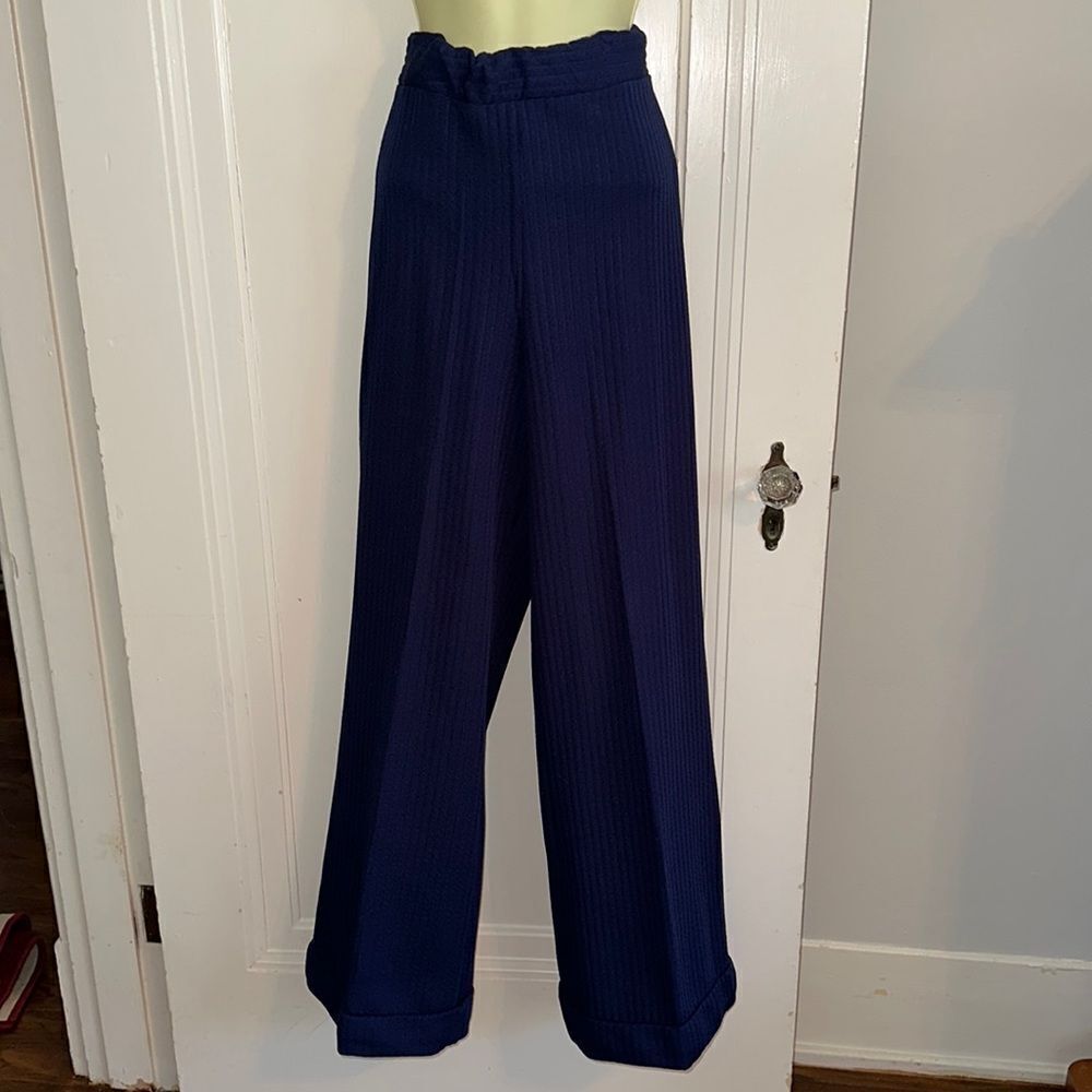 Vintage 70s navy blue double knit polyester wide leg cuffed pull on pants